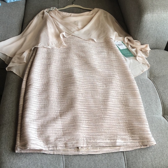 Scarlet sleeveless dress with attached shawl, champagne color with silver, sz 16 - Picture 2 of 11